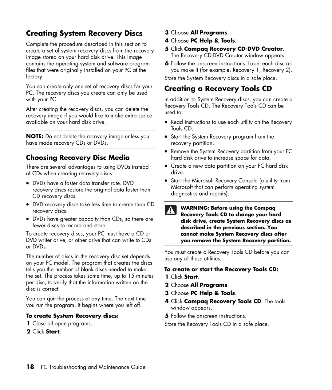 HP SR2010NX manual Creating a Recovery Tools CD, To create System Recovery discs, To create or start the Recovery Tools CD 