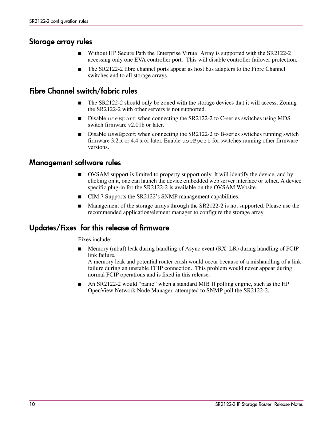 HP SR2122-2 manual Storage array rules, Fibre Channel switch/fabric rules, Management software rules 