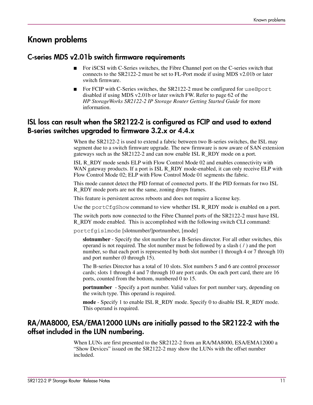 HP SR2122-2 manual Known problems, Series MDS v2.01b switch firmware requirements 