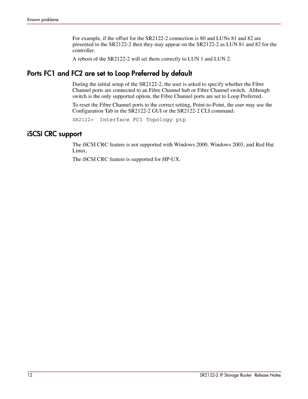 HP SR2122-2 manual Ports FC1 and FC2 are set to Loop Preferred by default, ISCSI CRC support 