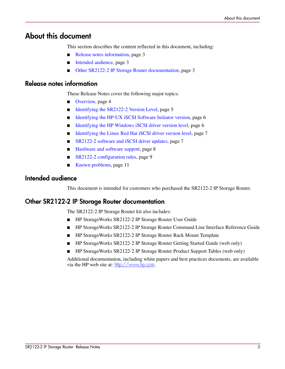 HP SR2122-2 manual About this document, Release notes information, Intended audience 