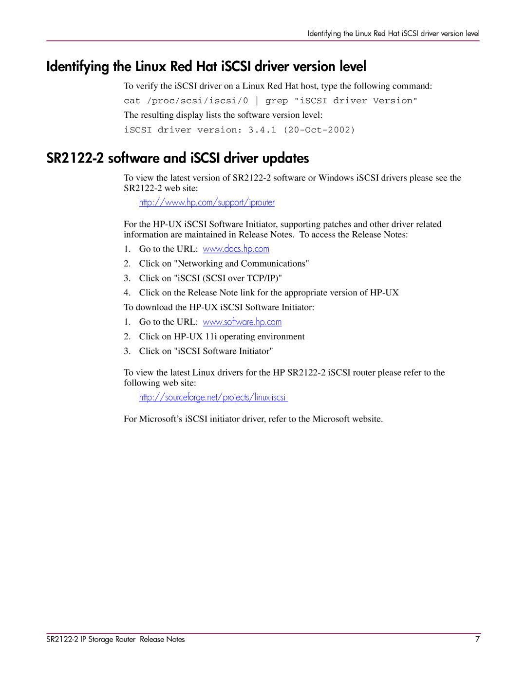 HP manual Identifying the Linux Red Hat iSCSI driver version level, SR2122-2 software and iSCSI driver updates 