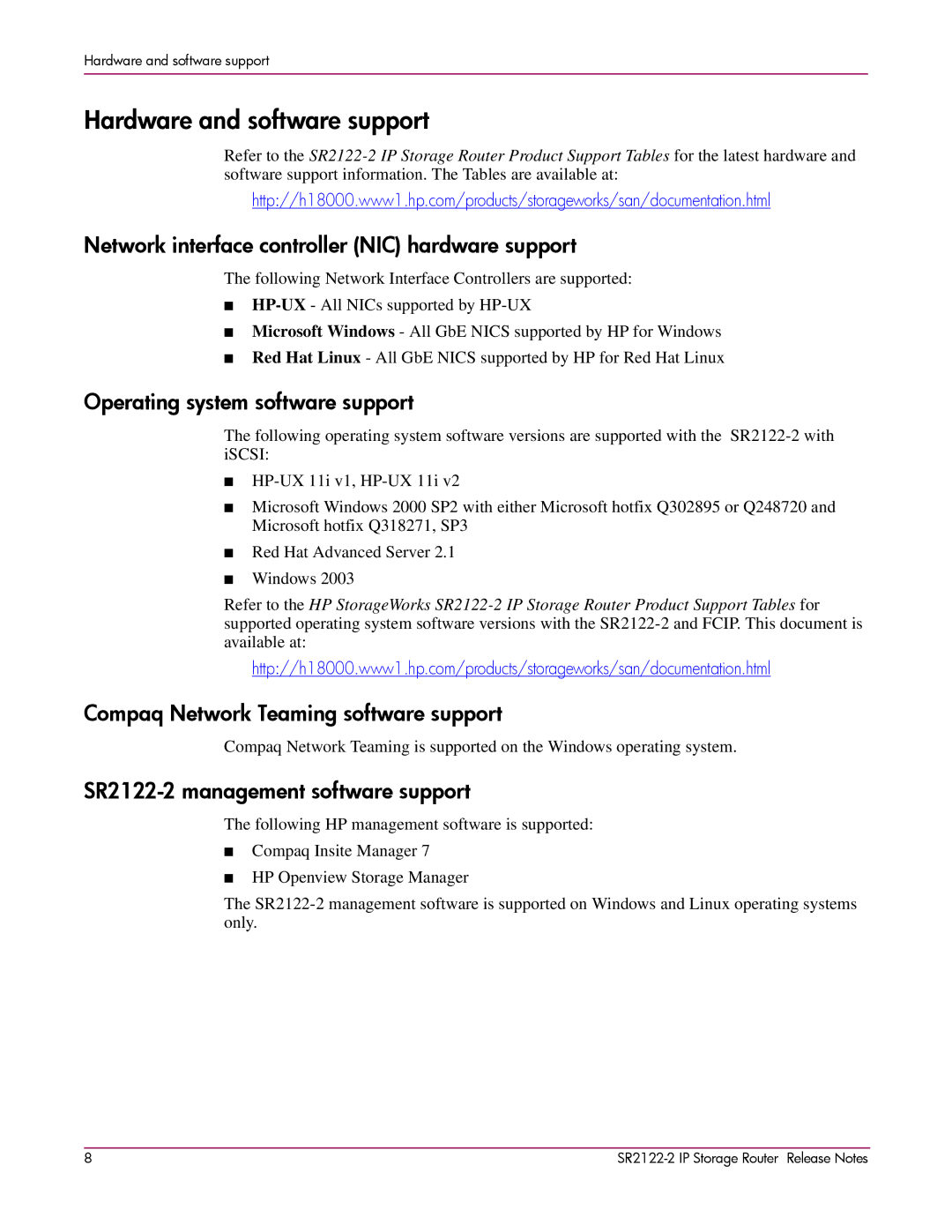 HP SR2122-2 manual Hardware and software support, Network interface controller NIC hardware support 