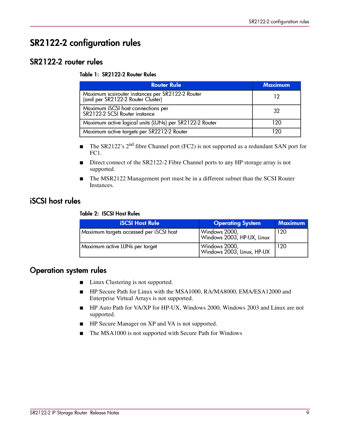 HP manual SR2122-2 configuration rules, SR2122-2 router rules, ISCSI host rules, Operation system rules 