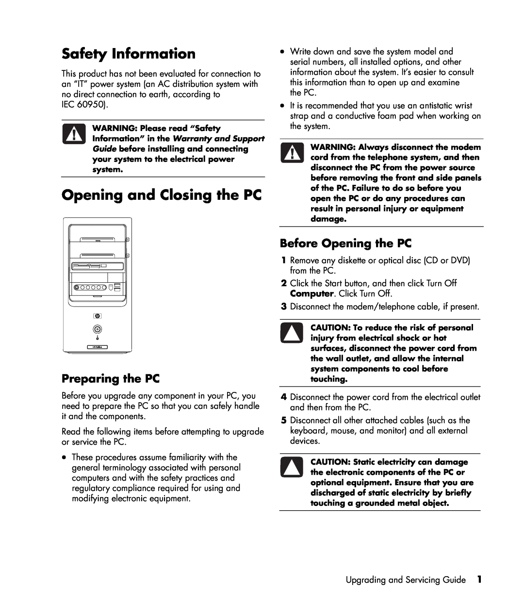 HP SR2149UK, SR2264WM, SR2172NX Safety Information, Opening and Closing the PC, Preparing the PC, Before Opening the PC 