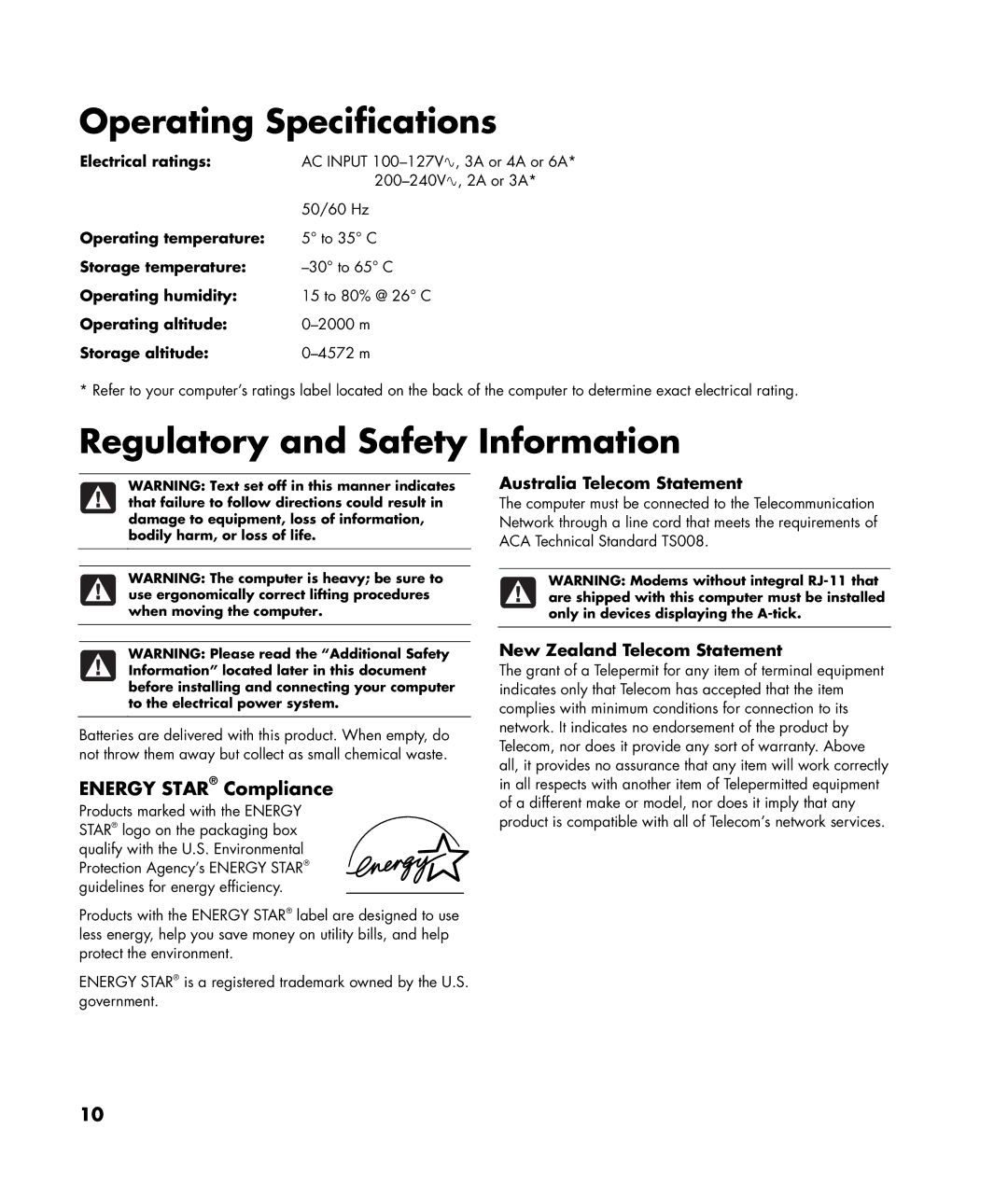 HP SR5013AP, SR5015AP manual Australia Telecom Statement, New Zealand Telecom Statement 