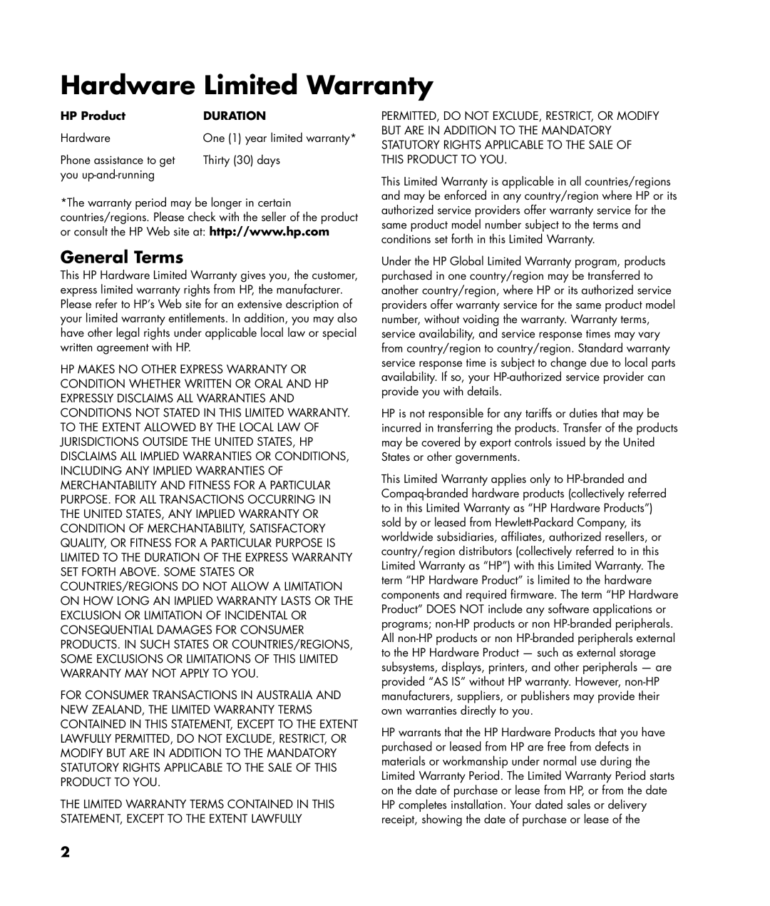 HP SR5013AP, SR5015AP manual Hardware Limited Warranty, General Terms 