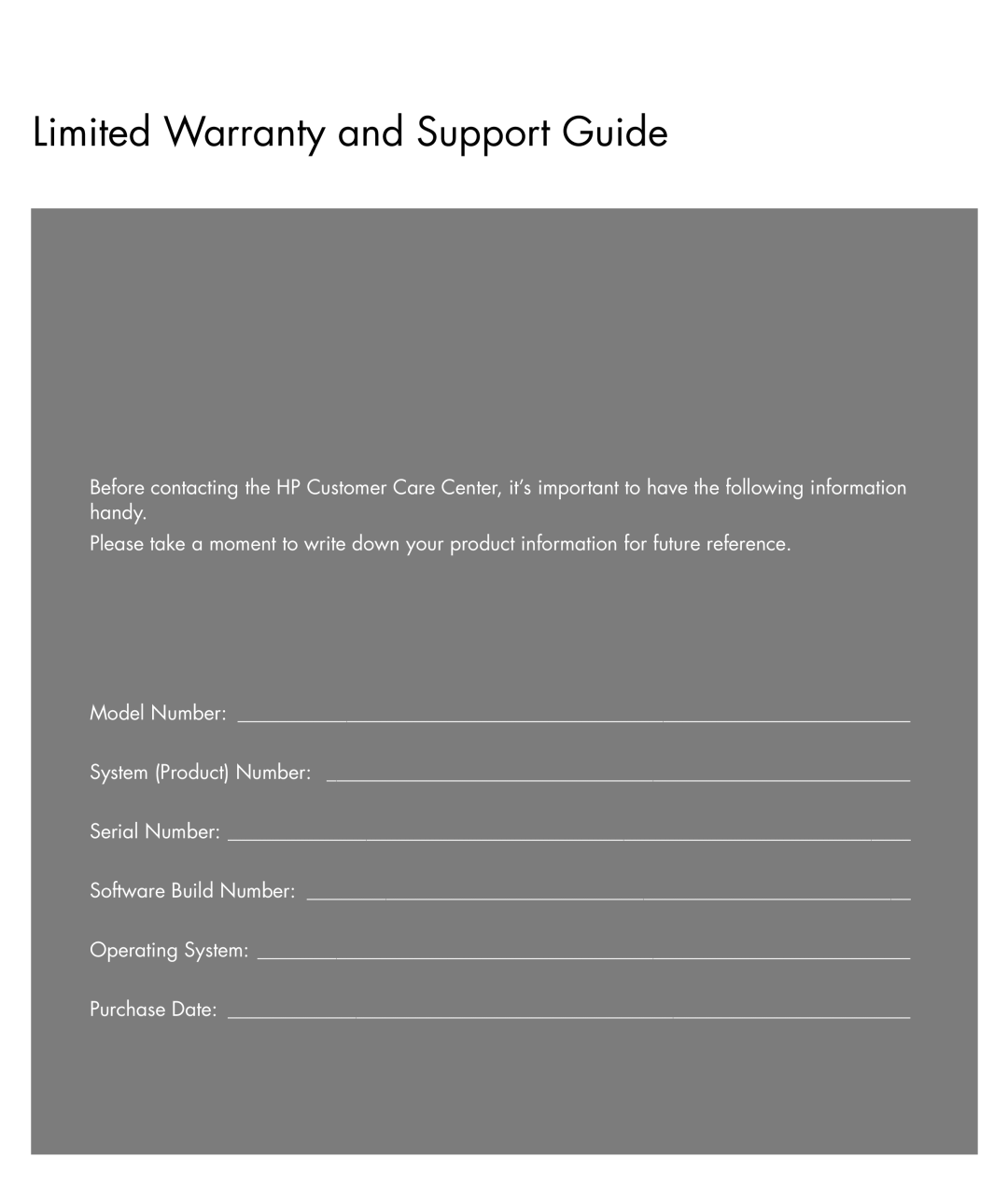 HP SR5083CF, SR5063CF manual Limited Warranty and Support Guide 