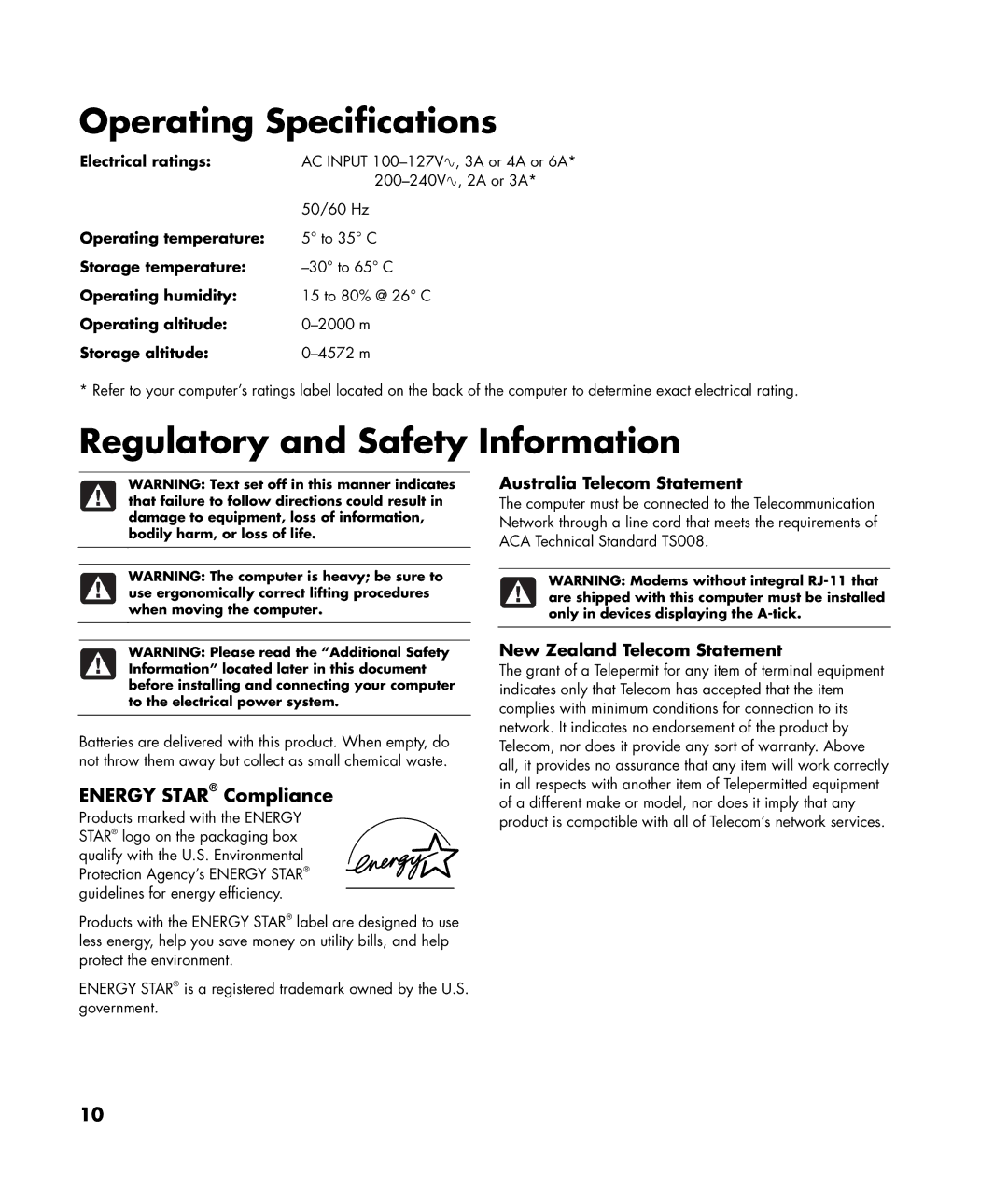 HP SR5063CF manual Electrical ratings, Operating temperature, Storage temperature, Operating humidity, Operating altitude 