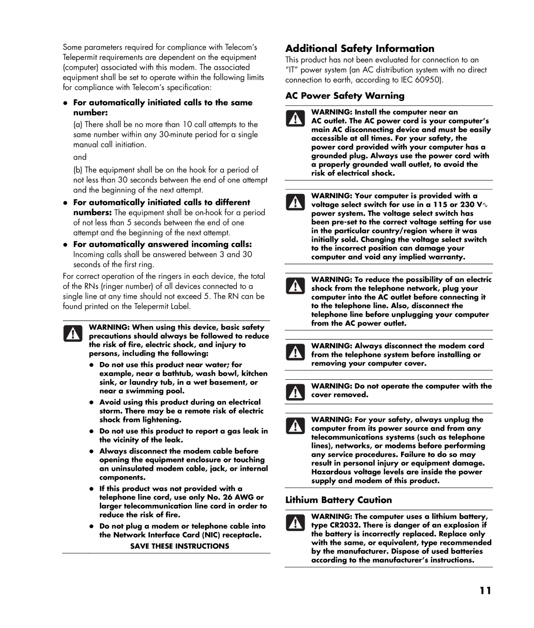 HP SR5083CF, SR5063CF manual Additional Safety Information, For automatically initiated calls to the same number 