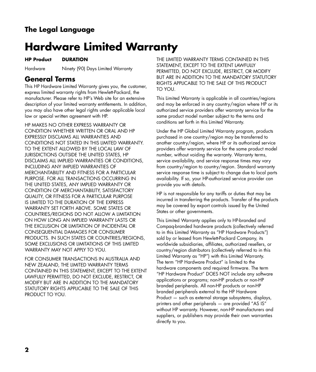 HP SR5063CF, SR5083CF manual Legal Language, General Terms, HP Product, Hardware 