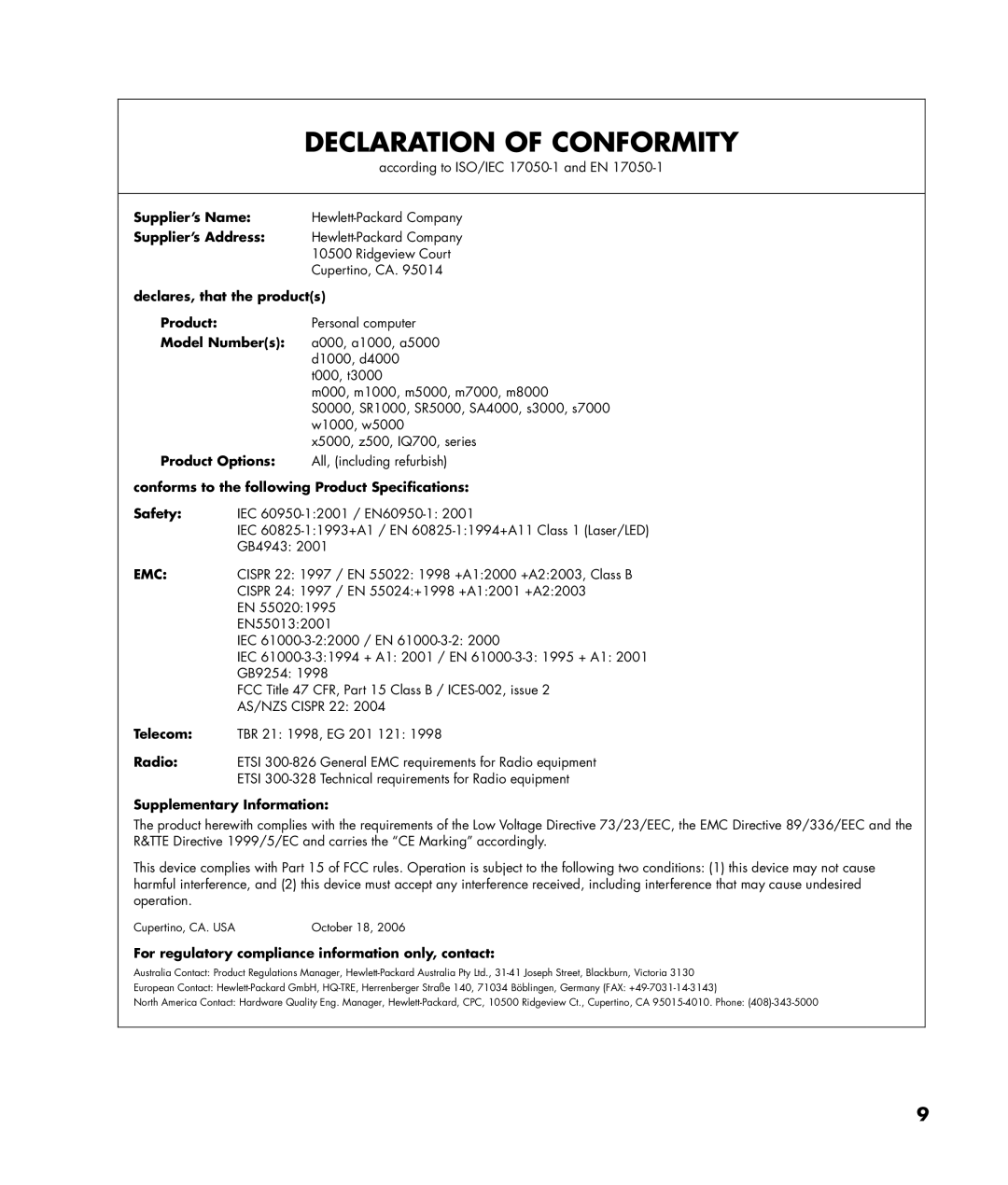 HP SR5083CF, SR5063CF manual Declaration of Conformity 