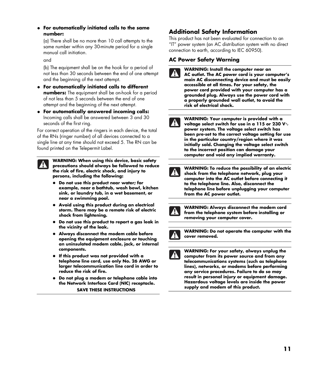 HP SR5016HK, SR5066CF, SR5060CF, SR5092CF manual AC Power Safety Warning, For automatically initiated calls to the same number 