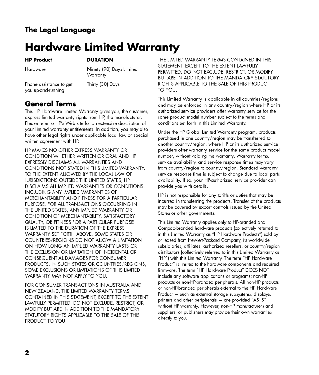 HP SR5060CF, SR5066CF, SR5016HK, SR5092CF, SR5088CF, SR5091CF, SR5080CF, SR5086CF manual Legal Language, General Terms, HP Product 