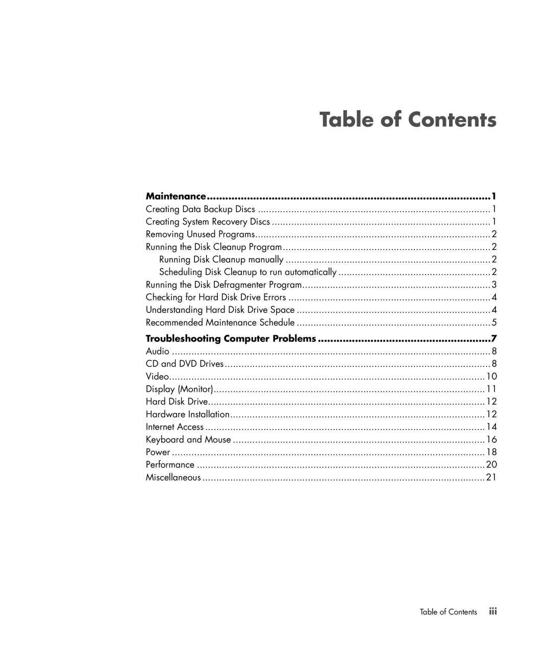 HP SR5123WM, SR5152NX, SR5127CL, SR5130NX, SR5125CL, SR5113WM, SR5110NX, SR5109NX, SR5102HM manual Table of Contents 