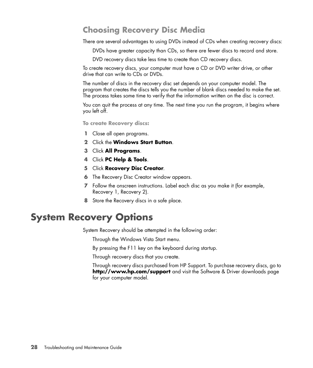 HP SR5113WM, SR5152NX, SR5127CL, SR5130NX, SR5123WM, SR5125CL, SR5110NX System Recovery Options, Choosing Recovery Disc Media 