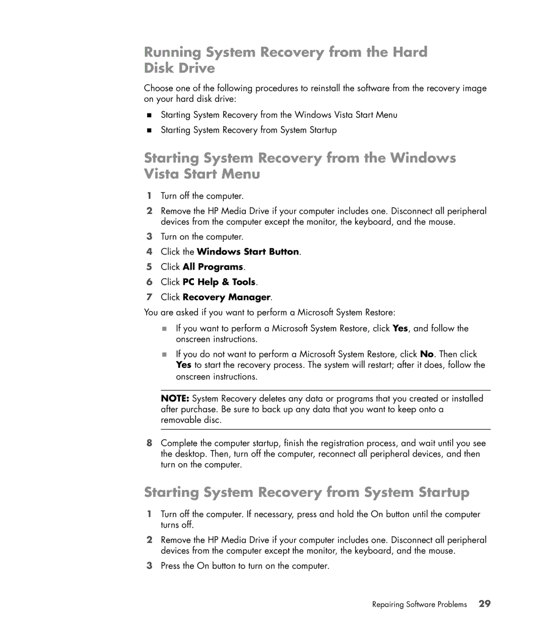 HP SR5110NX, SR5152NX, SR5127CL, SR5130NX, SR5123WM, SR5125CL, SR5113WM manual Running System Recovery from the Hard Disk Drive 