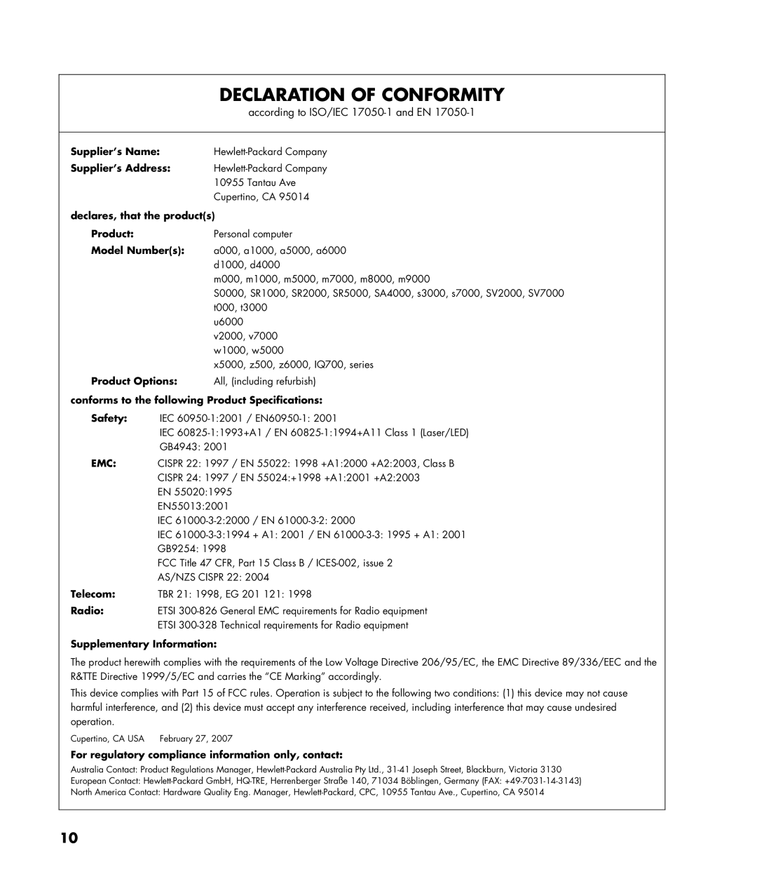 HP SR5233WM, SR5223WM, SR5214X, SR5202HM, SR5237CL, SR5234X, SR5262NX manual Declaration of Conformity 