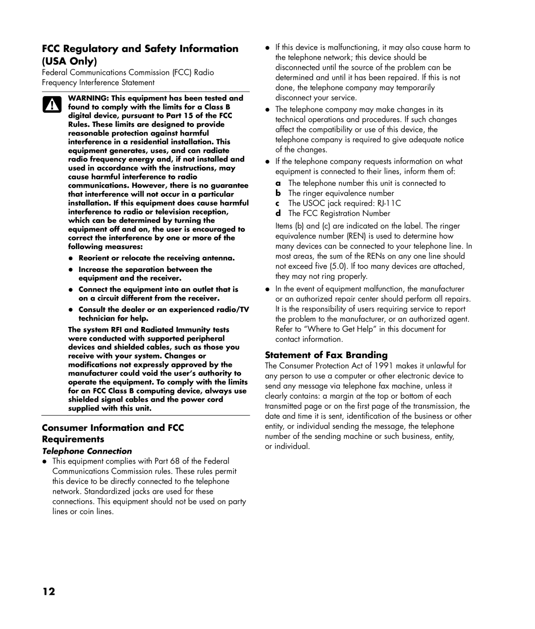 HP SR5234X, SR5223WM, SR5214X, SR5202HM, SR5233WM, SR5237CL, SR5262NX manual FCC Regulatory and Safety Information USA Only 