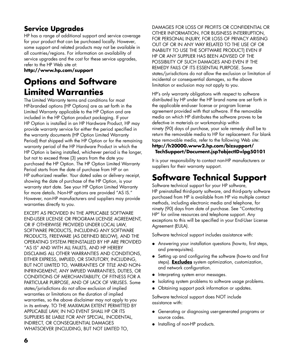 HP SR5262NX, SR5223WM, SR5214X manual Options and Software Limited Warranties, Software Technical Support, Service Upgrades 
