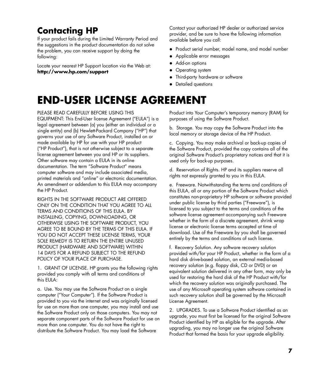 HP SR5223WM, SR5214X, SR5202HM, SR5233WM, SR5237CL, SR5234X, SR5262NX manual END-USER License Agreement, Contacting HP 