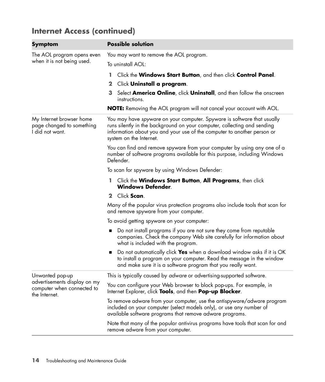 HP SR5278CF, SR5350F Click Uninstall a program, Click the Windows Start Button, All Programs, then click, Windows Defender 