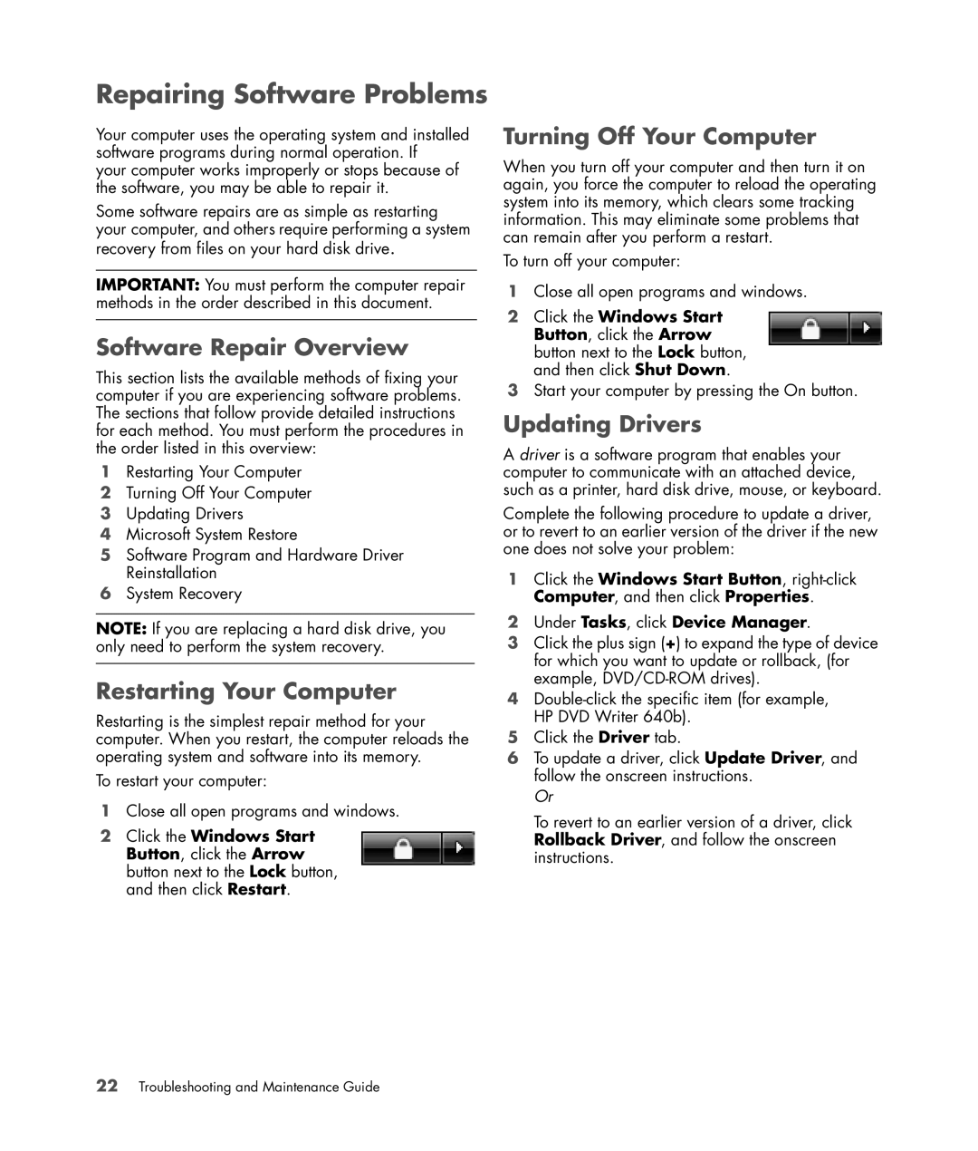HP SR5218CF, SR5350F manual Software Repair Overview, Restarting Your Computer, Turning Off Your Computer, Updating Drivers 