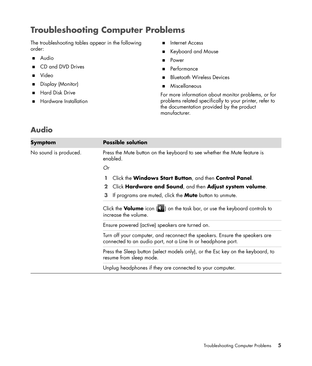 HP SR5234X, SR5350F, SR5218HK manual Audio, Symptom Possible solution, Click the Windows Start Button, and then Control Panel 