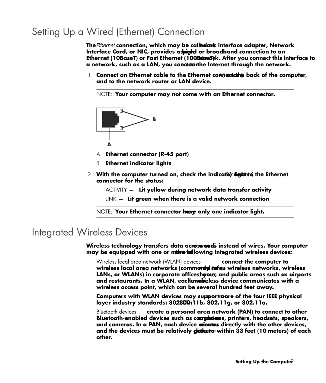 HP SR5350AP, SR5351AP manual Setting Up a Wired Ethernet Connection, Integrated Wireless Devices 