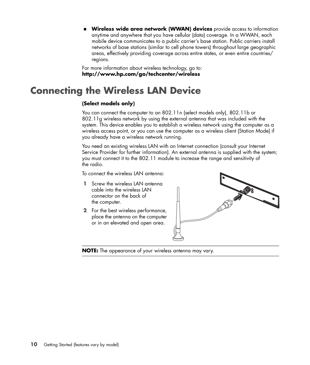 HP SR5351AP, SR5350AP manual Connecting the Wireless LAN Device, Select models only 