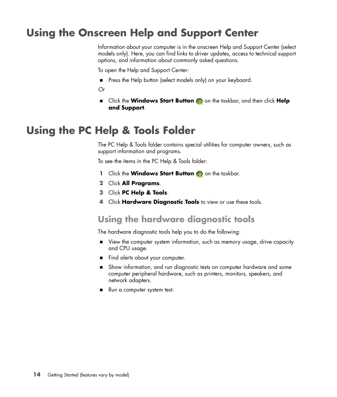 HP SR5351AP, SR5350AP manual Using the Onscreen Help and Support Center, Using the PC Help & Tools Folder 