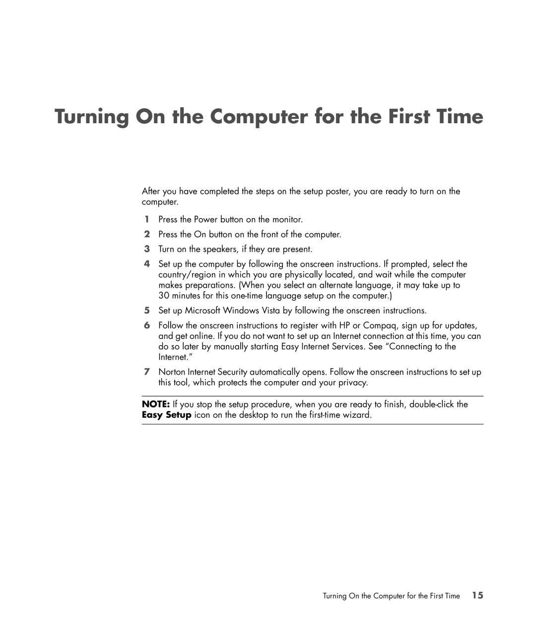 HP SR5350AP, SR5351AP manual Turning On the Computer for the First Time 