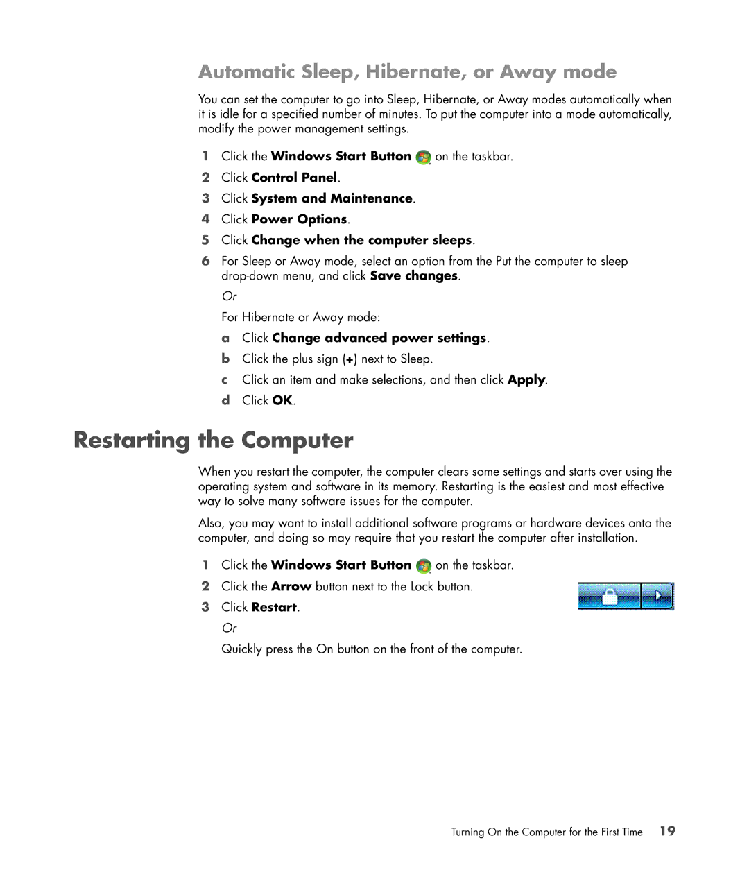 HP SR5350AP, SR5351AP manual Restarting the Computer, Automatic Sleep, Hibernate, or Away mode 