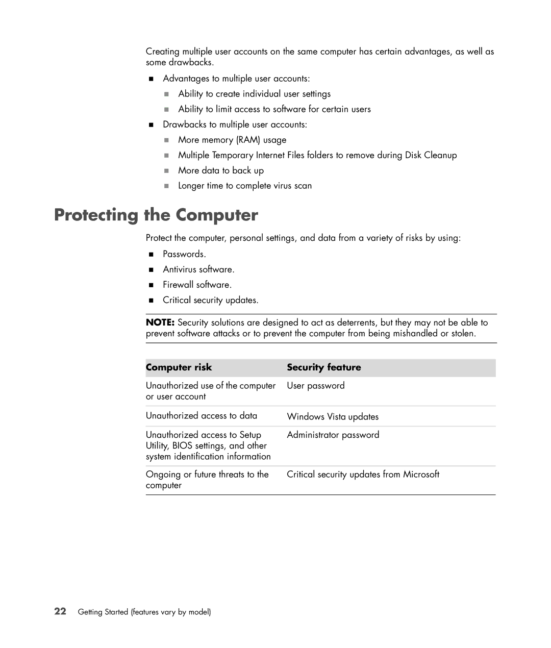 HP SR5351AP, SR5350AP manual Protecting the Computer, Computer risk Security feature 