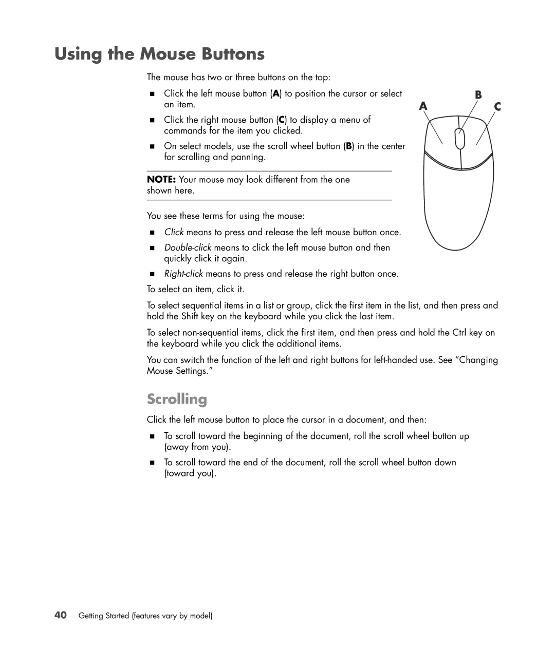 HP SR5351AP, SR5350AP manual Using the Mouse Buttons, Scrolling 