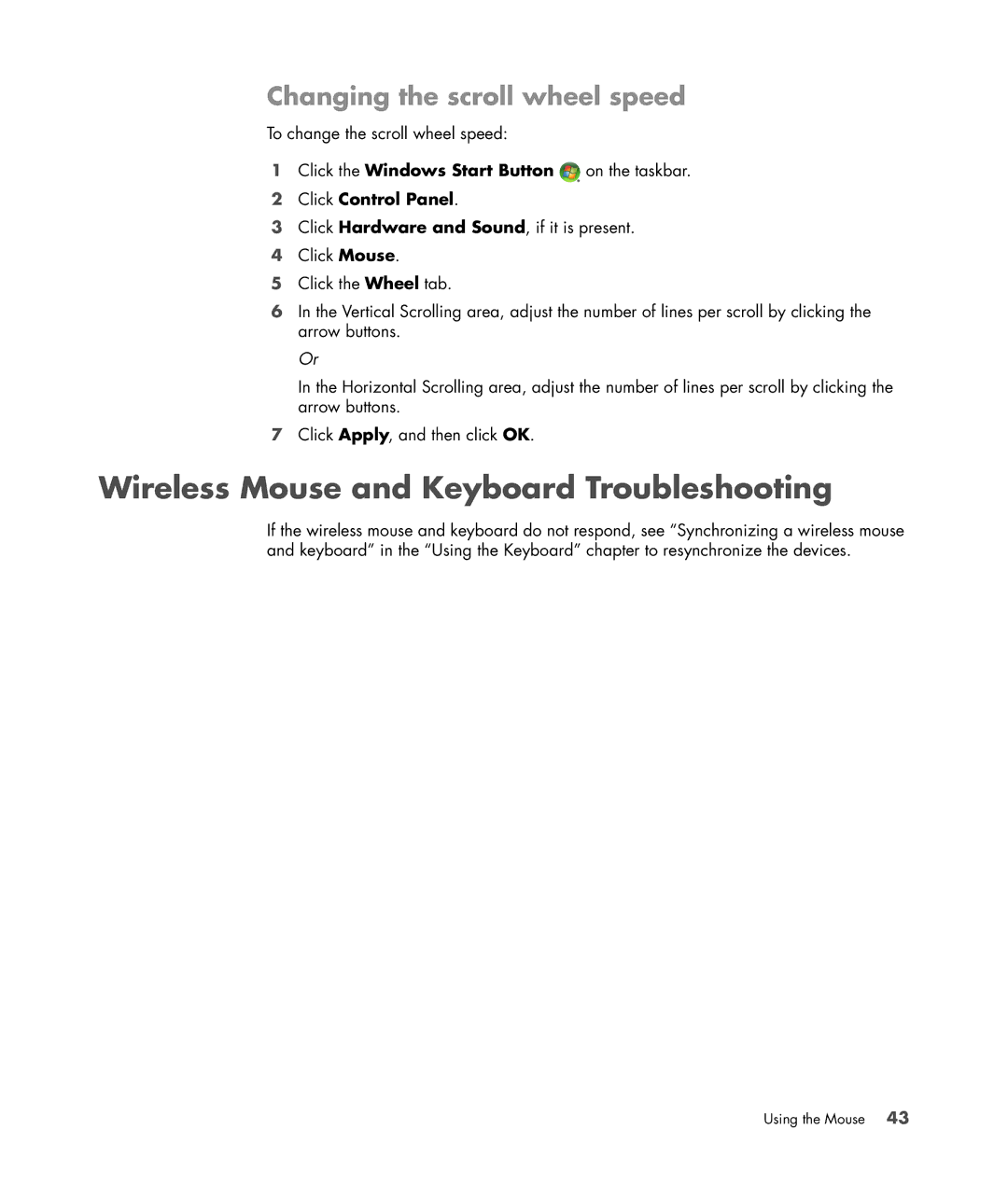 HP SR5350AP, SR5351AP manual Wireless Mouse and Keyboard Troubleshooting, Changing the scroll wheel speed 