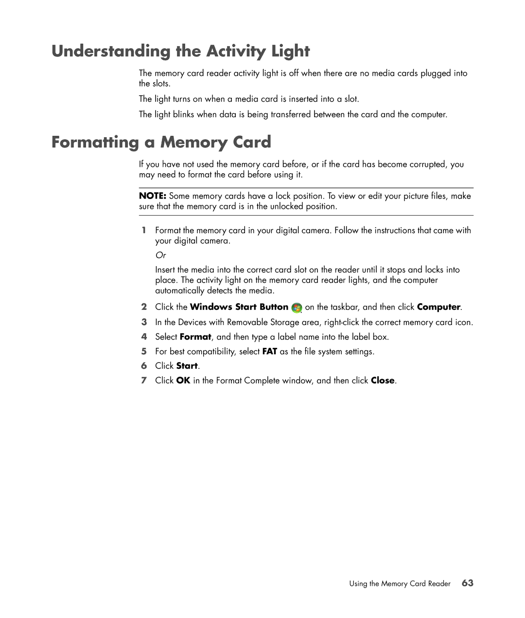 HP SR5350AP, SR5351AP manual Understanding the Activity Light, Formatting a Memory Card 