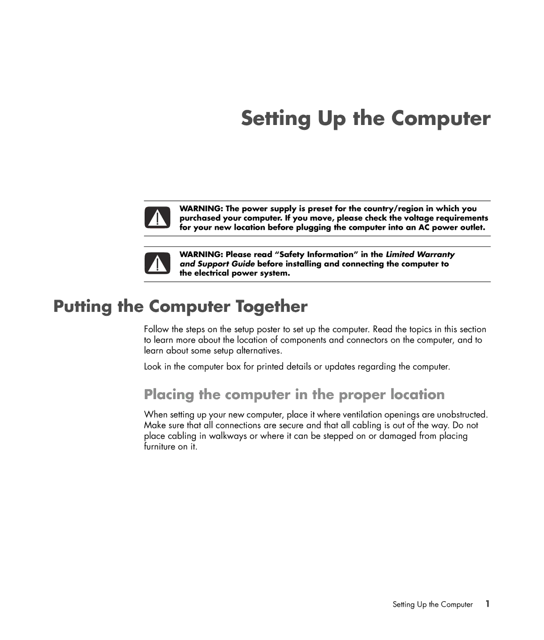 HP SR5350AP, SR5351AP Setting Up the Computer, Putting the Computer Together, Placing the computer in the proper location 