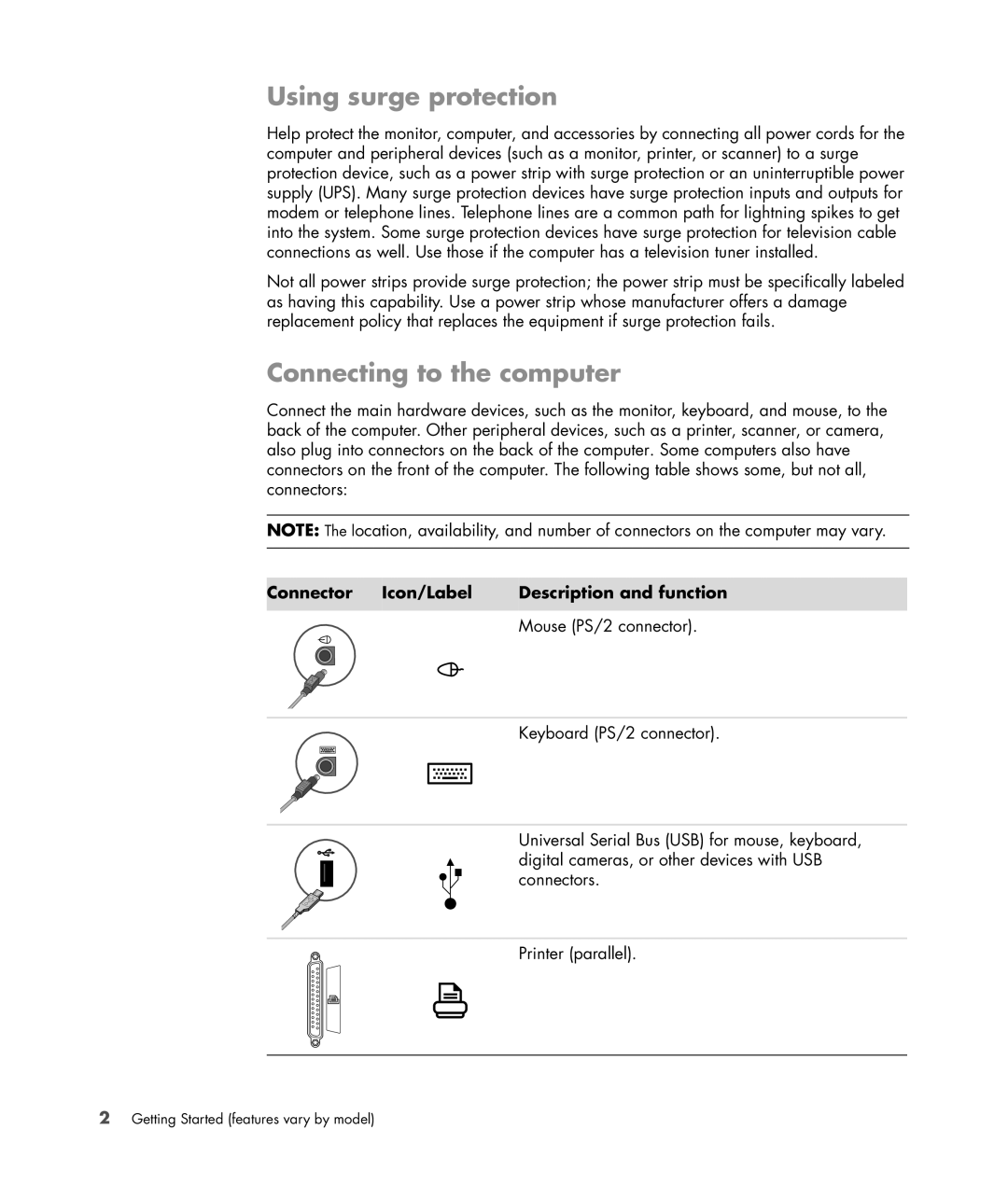 HP SR5351AP, SR5350AP Using surge protection, Connecting to the computer, Connector Icon/Label Description and function 