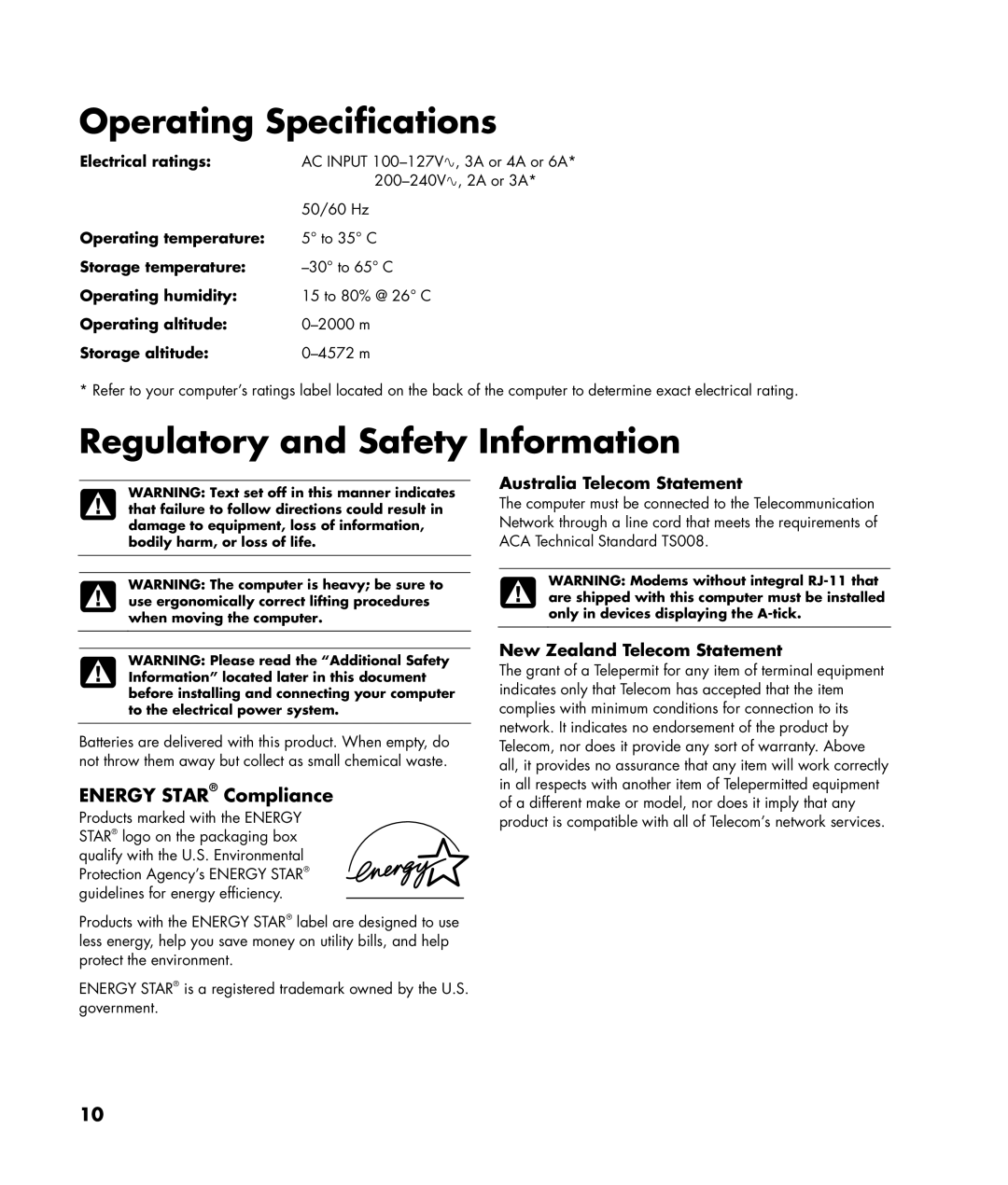 HP SR5110CF, SR5415CF, SR5218CF, SR5215CF, SR5210CF, SR5278CF manual Australia Telecom Statement, New Zealand Telecom Statement 