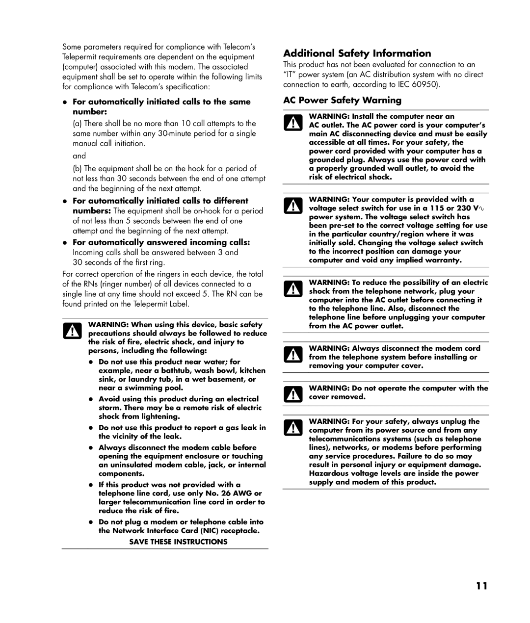 HP SR5415CF, SR5218CF, SR5215CF, SR5210CF manual AC Power Safety Warning, For automatically initiated calls to the same number 