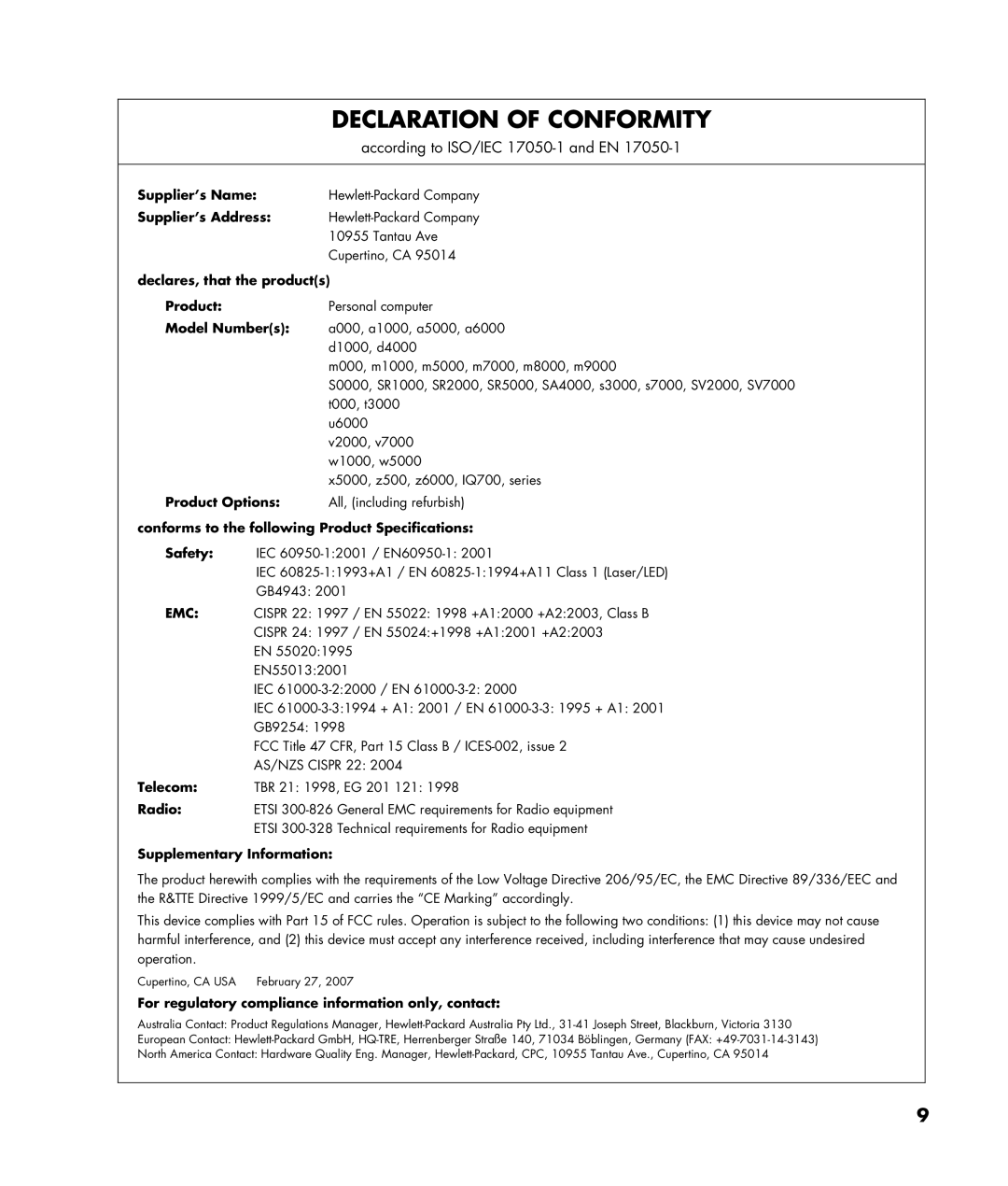 HP SR5115CF, SR5415CF, SR5218CF, SR5215CF, SR5210CF, SR5278CF, SR5273CF, SR5123CF, SR5118CF, SR5121CF Declaration of Conformity 