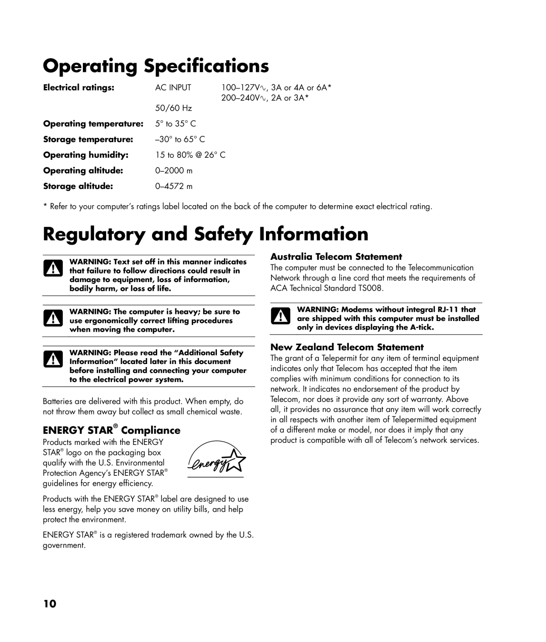 HP SR5220IL manual Electrical ratings, Operating temperature, Storage temperature, Operating humidity, Operating altitude 