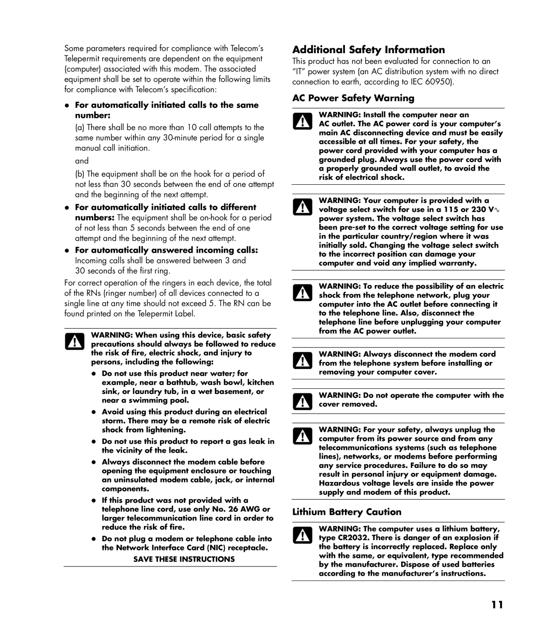 HP SG3315IL, SR5420IL, SR5220IL manual Additional Safety Information, For automatically initiated calls to the same number 