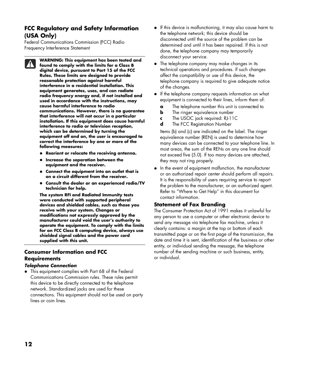 HP SR5450F, SR5448F, SR5433WM, SR5421F, SR5413WM, SR5350F, SR5410F, SR5402FH manual FCC Regulatory and Safety Information USA Only 