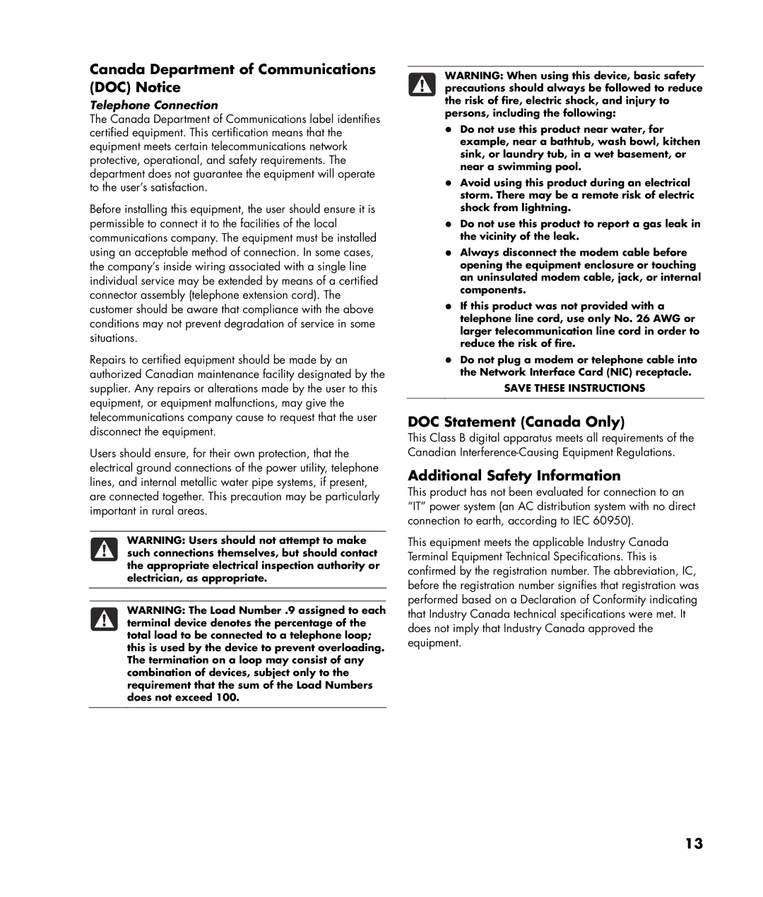 HP SR5448F, SR5450F, SR5433WM, SR5421F, SR5413WM, SR5350F, SR5410F, SR5402FH manual Canada Department of Communications DOC Notice 