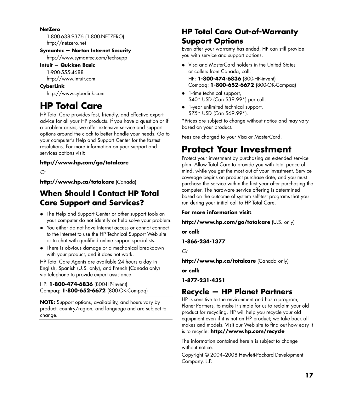 HP SR5350F, SR5450F, SR5448F, SR5433WM, SR5421F HP Total Care, Protect Your Investment, For more information visit Or call 