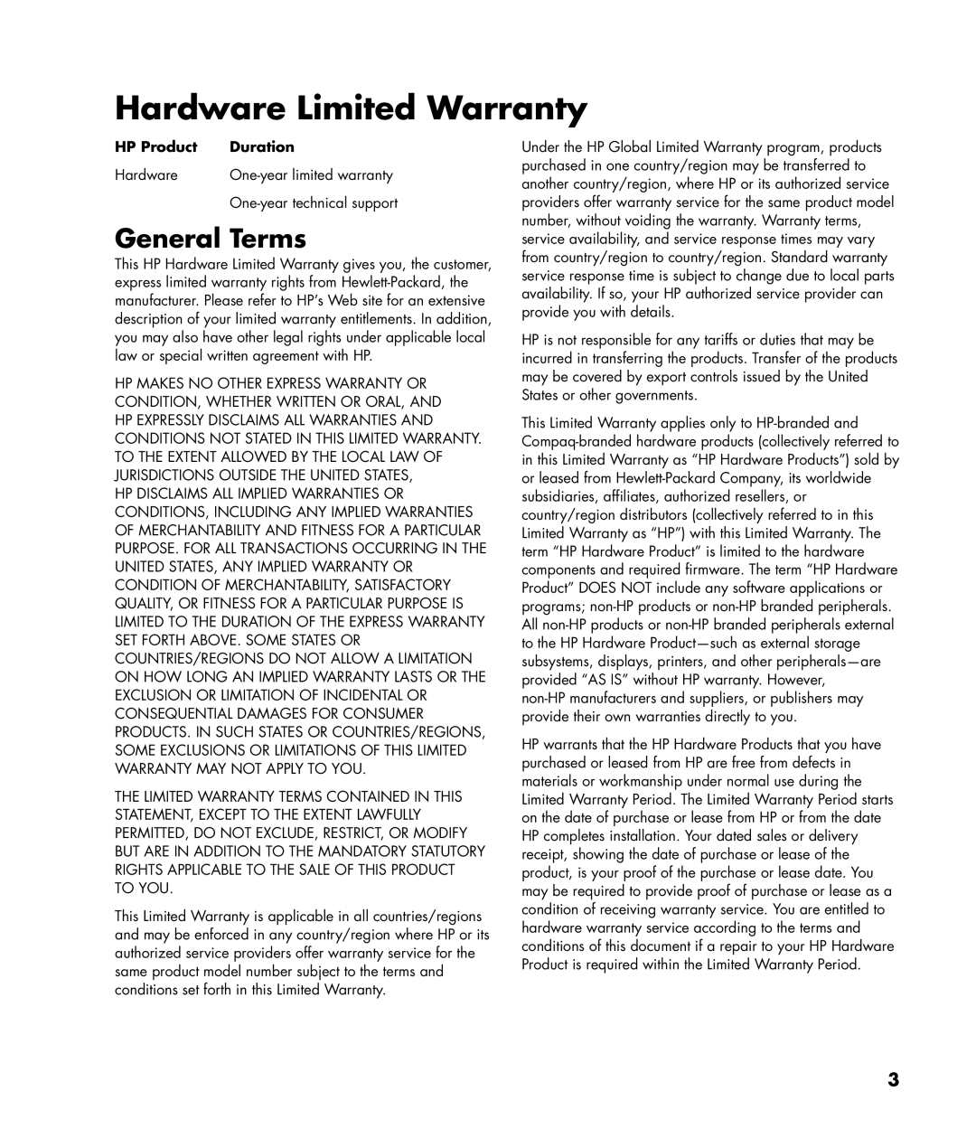 HP SR5421F, SR5450F, SR5448F, SR5433WM, SR5413WM, SR5350F, SR5410F, SR5402FH, SR5333WM, SR5310F General Terms, HP Product Duration 