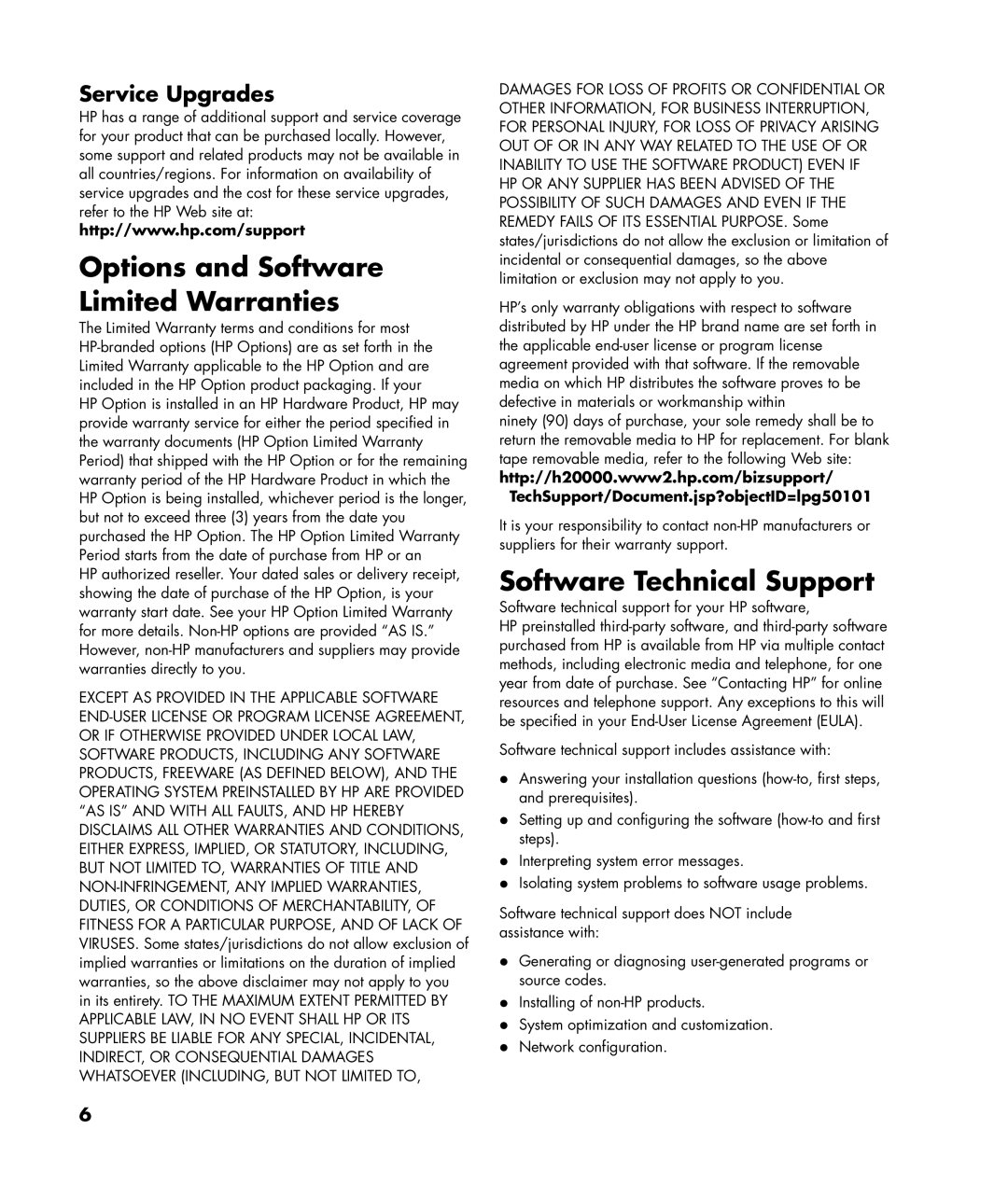 HP SR5410F Options and Software Limited Warranties, Software Technical Support, TechSupport/Document.jsp?objectID=lpg50101 