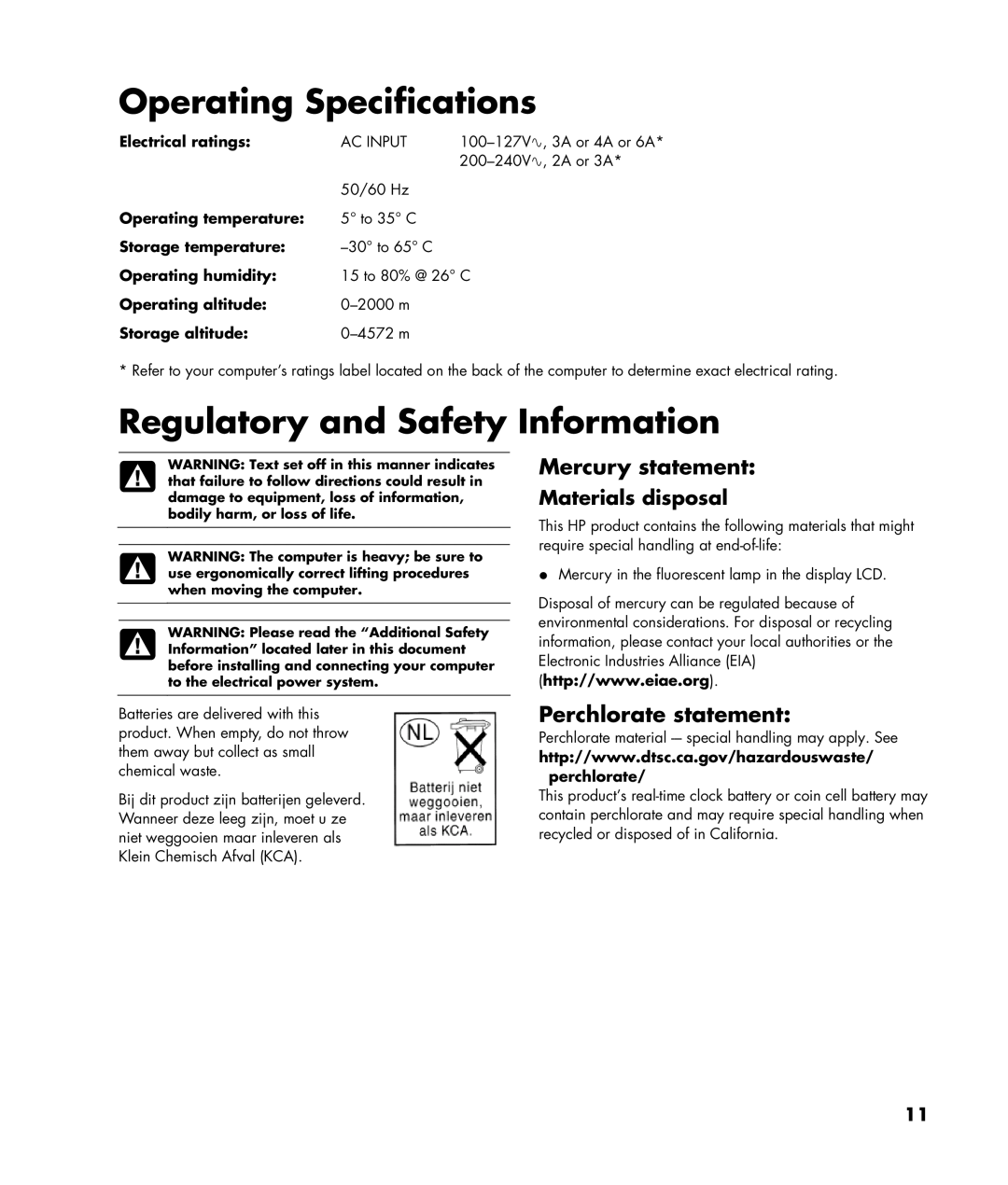 HP SR5310F, SR5450F Operating Specifications, Regulatory and Safety Information, Mercury statement, Perchlorate statement 